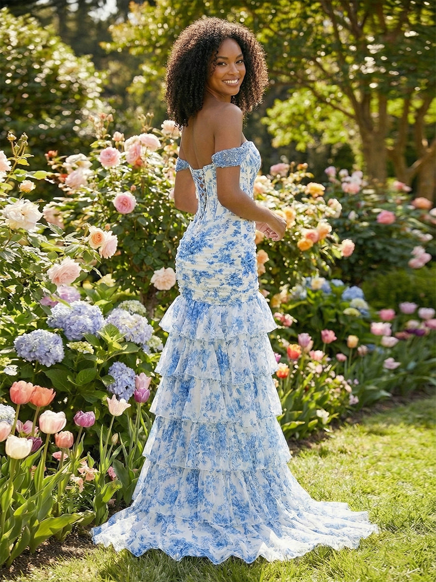 Blue Toile Enchanted Floral Lace-Up Back Prom Dress with Tiered Ruffles