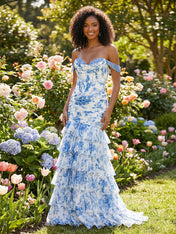 Blue Toile Enchanted Floral Lace-Up Back Prom Dress with Tiered Ruffles