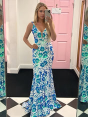Blue V Neck Sequin Lace Mermaid Long Prom Dress