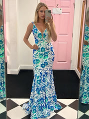 Blue V Neck Sequin Lace Mermaid Long Prom Dress