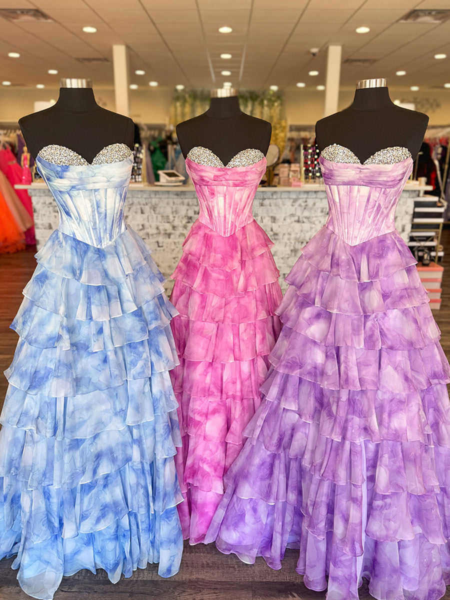 Blue Watercolor Tiered Ruffled Corset Prom Dress with Slit