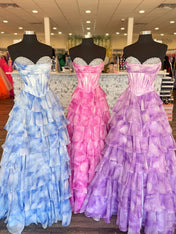 Blue Watercolor Tiered Ruffled Corset Prom Dress with Slit