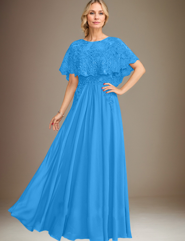 A-line Boat Neck Floor-Length Lace Chiffon Mother of the Bride Dress With Applique Sequins