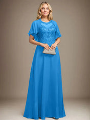 A-line Scoop Illusion Floor-Length Lace Chiffon Mother of the Bride Dress With Sequins