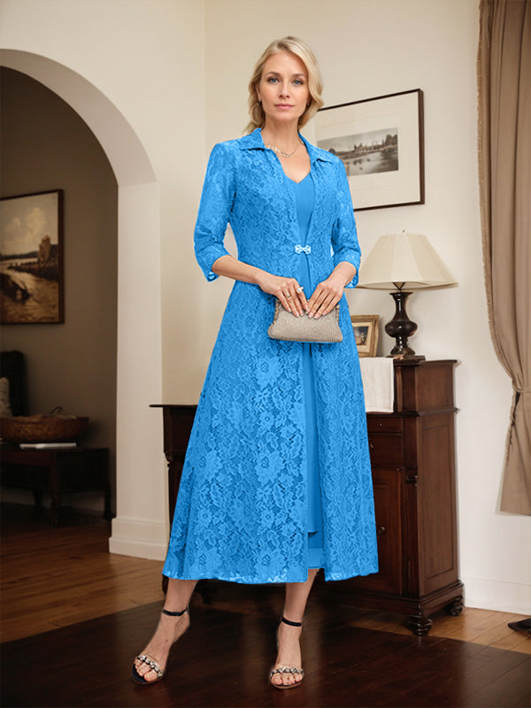 A-line V-Neck Tea-Length Chiffon Mother of the Bride Dress
