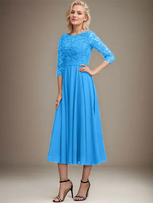 A-line Scoop Tea-Length Lace Chiffon Mother of the Bride Dress With Sequins