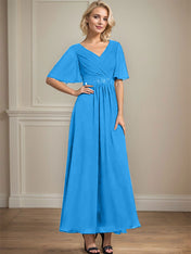 A-line V-Neck Ankle-Length Chiffon Mother of the Bride Dress With Pleated Beading Sequins