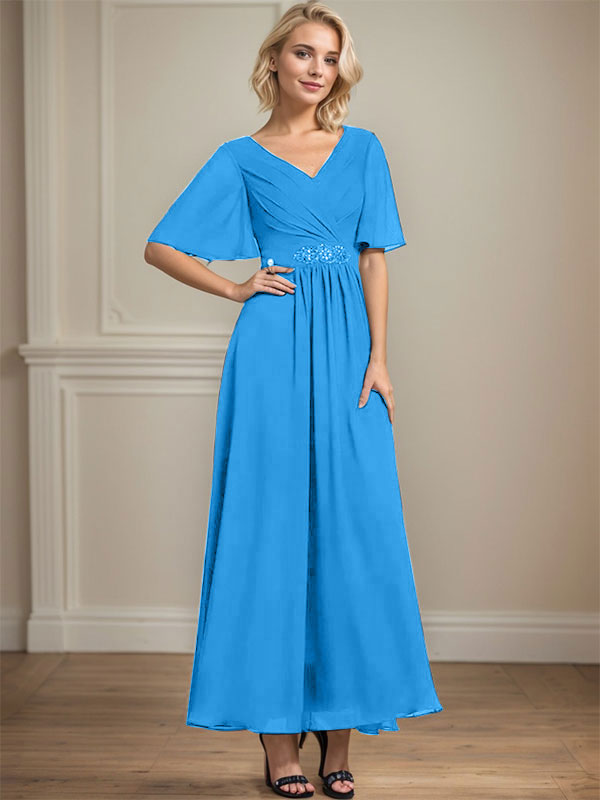 A-line V-Neck Ankle-Length Chiffon Mother of the Bride Dress With Pleated Beading Sequins