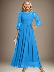 A-line Scoop Ankle-Length Lace Chiffon Mother of the Bride Dress With Bow