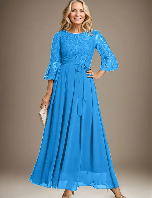 A-line Scoop Ankle-Length Lace Chiffon Mother of the Bride Dress With Bow