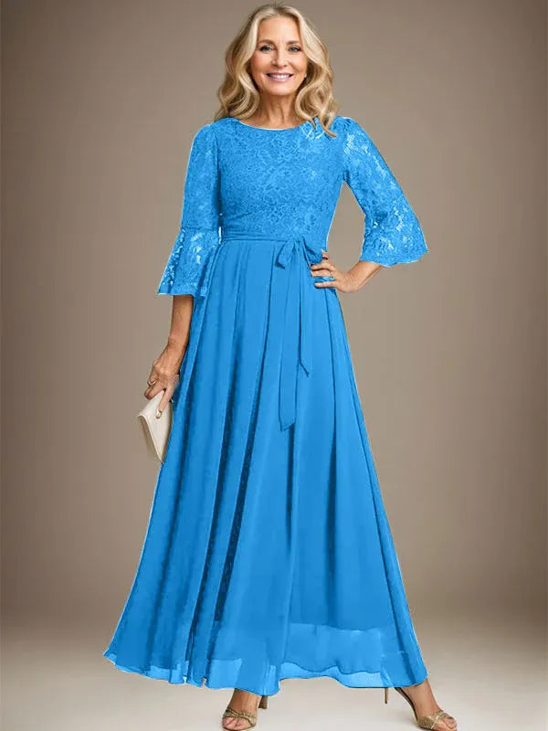 A-line Scoop Ankle-Length Lace Chiffon Mother of the Bride Dress With Bow