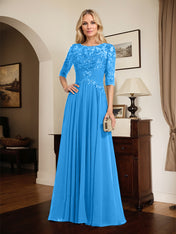 A-line Scoop Illusion Floor-Length Chiffon Lace Mother of the Bride Dress With Pleated Sequins