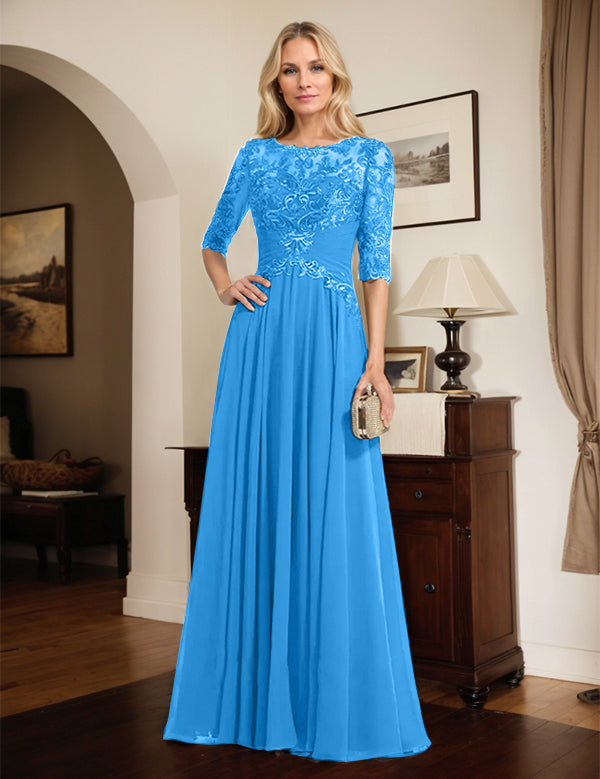 Robe de mère de la mariée trapèze en mousseline de soie et dentelle, longueur au sol, avec décolleté en V et sequins plissés 