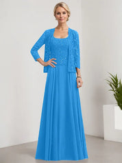 Robe de mère de la mariée trapèze carrée, longueur au sol, en mousseline de soie et dentelle, avec paillettes 