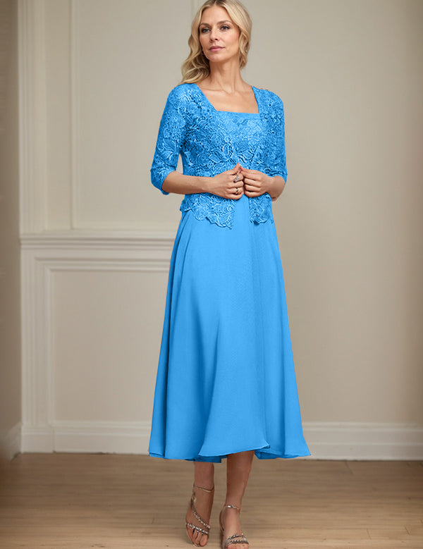A-line Square Tea-Length Chiffon Lace Mother of the Bride Dress With Sequins Beading