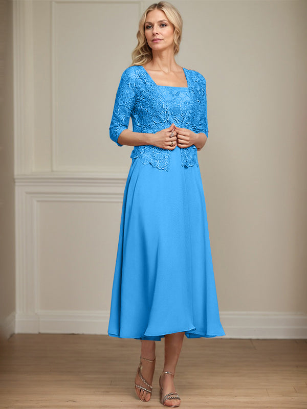 A-line Square Tea-Length Chiffon Lace Mother of the Bride Dress With Sequins Beading