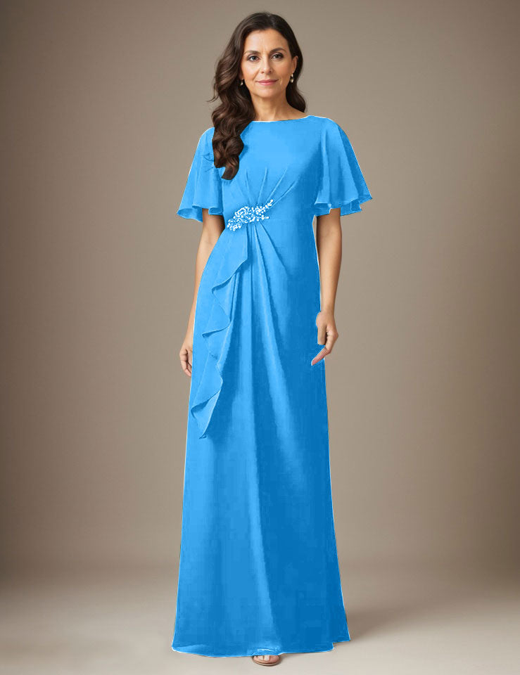 Robe fourreau en mousseline de soie bleu marine foncé avec perles
