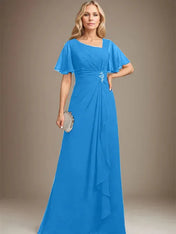 A-line Asymmetrical Floor-Length Chiffon Mother of the Bride Dress With Pleated Beading Sequins