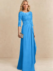 A-line Scoop Illusion Floor-Length Chiffon Lace Mother of the Bride Dress With Beading Sequins Cascading Ruffles