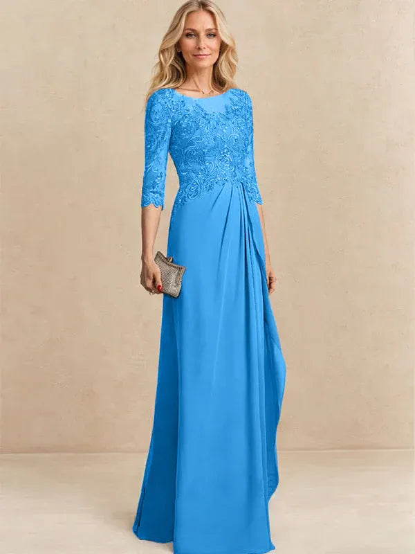 Robe de mère de la mariée trapèze en mousseline de soie et dentelle, longueur au sol, avec perles, paillettes et volants en cascade 