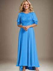 A-line Scoop Illusion Asymmetrical Chiffon Lace Mother of the Bride Dress With Beading