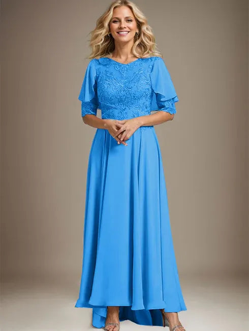 A-line Scoop Illusion Asymmetrical Chiffon Lace Mother of the Bride Dress With Beading