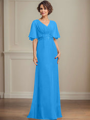 A-line V-Neck Floor-Length Chiffon Mother of the Bride Dress With Pleated Sequins Appliques Lace