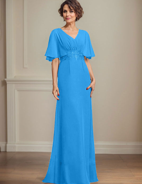 A-line V-Neck Floor-Length Chiffon Mother of the Bride Dress With Pleated Sequins Appliques Lace