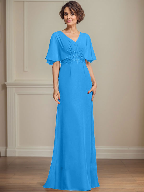 A-line V-Neck Floor-Length Chiffon Mother of the Bride Dress With Pleated Sequins Appliques Lace