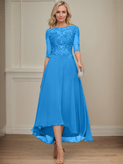 A-line Boat Neck Illusion Asymmetrical Chiffon Lace Mother of the Bride Dress With Sequins Beading