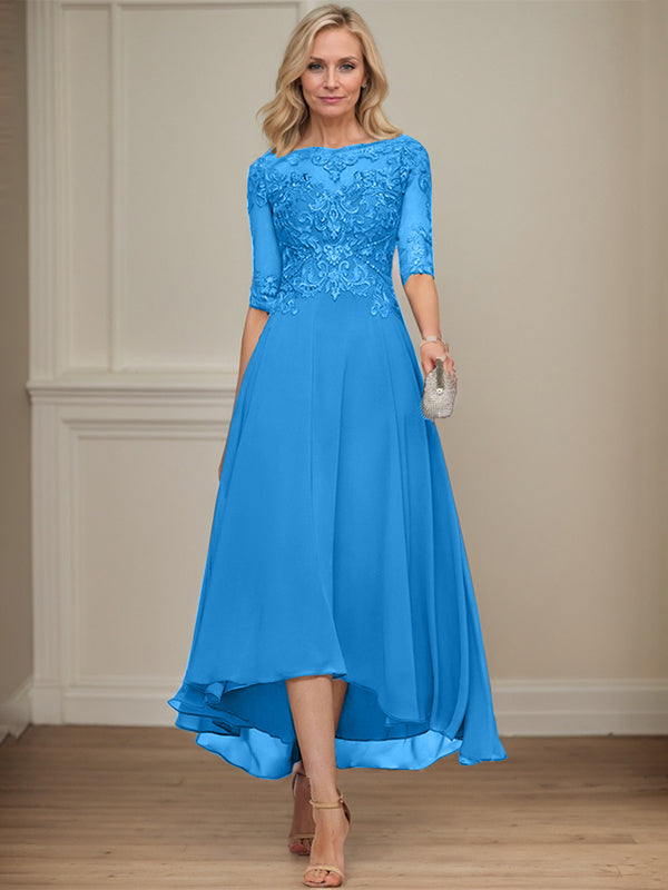 A-line Boat Neck Illusion Asymmetrical Chiffon Lace Mother of the Bride Dress With Sequins Beading