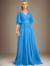 A-line V-Neck Floor-Length Chiffon Lace Mother of the Bride Dress With Crystal Brooch Rhinestone