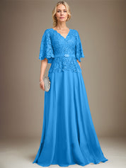 A-line V-Neck Floor-Length Chiffon Lace Mother of the Bride Dress With Crystal Brooch Rhinestone