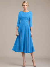 A-line Scoop Tea-Length Lace Chiffon Mother of the Bride Dress