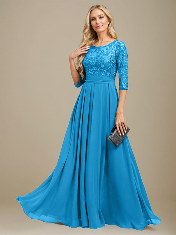 A-Line Scoop Floor-Length Lace Chiffon Mother Of the Bride Dress With Sequins Applique