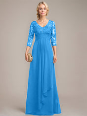 A-line V-Neck Floor-Length Lace Chiffon Mother of the Bride Dress With Cascading Ruffles Sequins