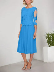 A-line Scoop Tea-Length Lace Chiffon Mother of the Bride Dress With Embroidery