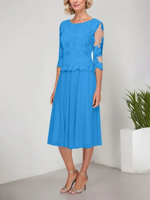 A-line Scoop Tea-Length Lace Chiffon Mother of the Bride Dress With Embroidery