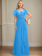 A-line Asymmetrical Illusion Floor-Length Lace Chiffon Mother of the Bride Dress With Cascading Ruffles Sequins