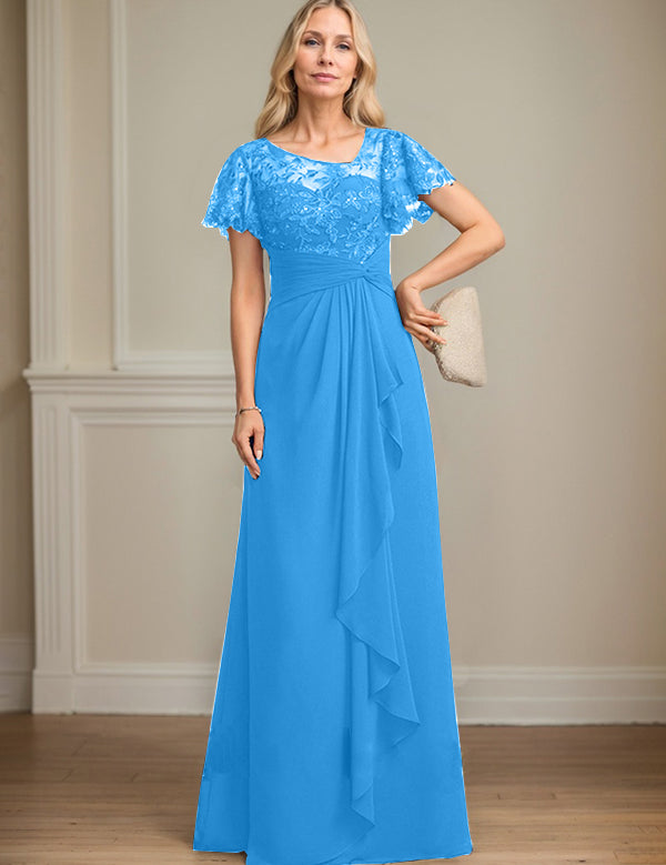 A-line Asymmetrical Illusion Floor-Length Lace Chiffon Mother of the Bride Dress With Cascading Ruffles Sequins