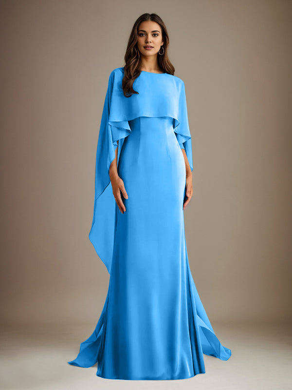 Robe de mère de la mariée en mousseline, coupe fourreau/colonne, col bateau, longueur ras du sol, avec volants en cascade 