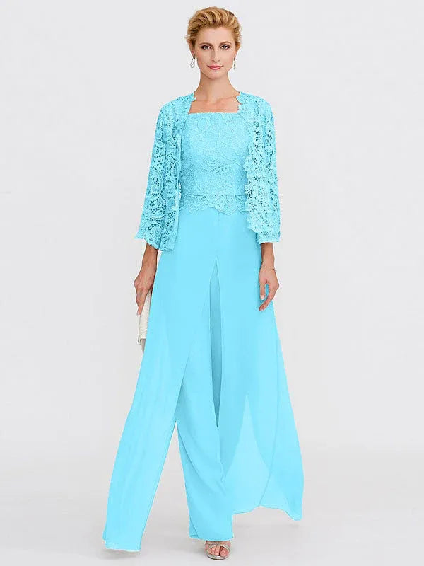 3 Piece Chiffon Square Neck Mother of the Bride Pantsuits with Jacket