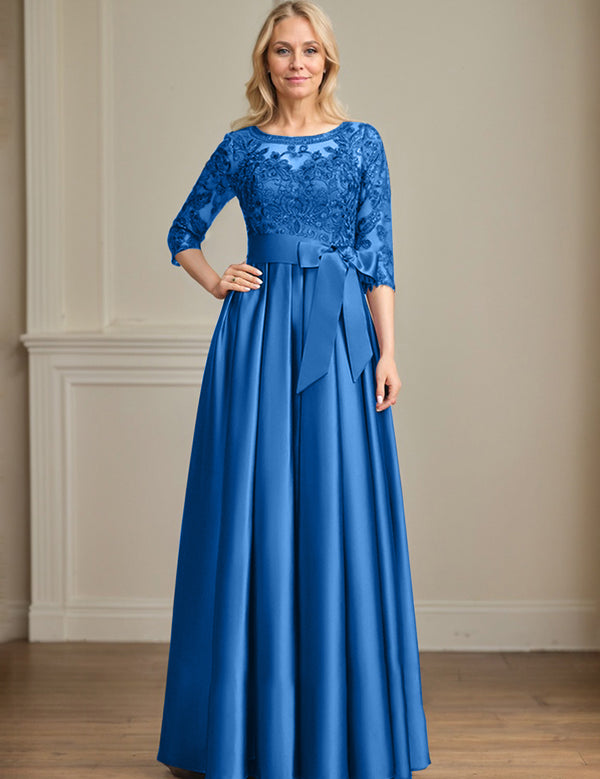 A-line Scoop Illusion Floor-Length Satin Lace Mother of the Bride Dress With Sequins Bow