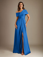 A-Line Asymmetrical Neckline Floor-Length Satin Mother of the Bride Dress With Pleated