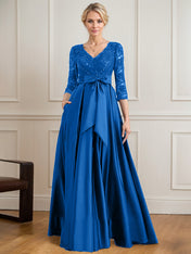 A-line V-Neck Floor-Length Satin Lace Mother of the Bride Dress With Sequins Bow