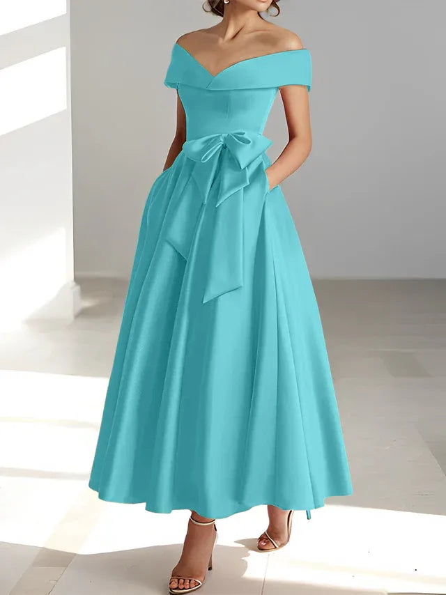 Princess Off-the-Shoulder Sleeveless Ankle-Length Mother of the Bride Dresses with Pockets