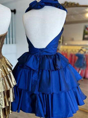Blue A-Line Halter Neck Short Tiered Homecoming Dress