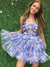 Blue A-Line Halter Neck Short Tiered Tulle Homecoming Dress