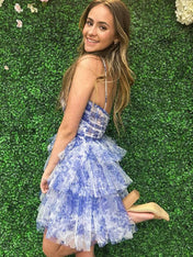 Blue A-Line Halter Neck Short Tiered Tulle Homecoming Dress