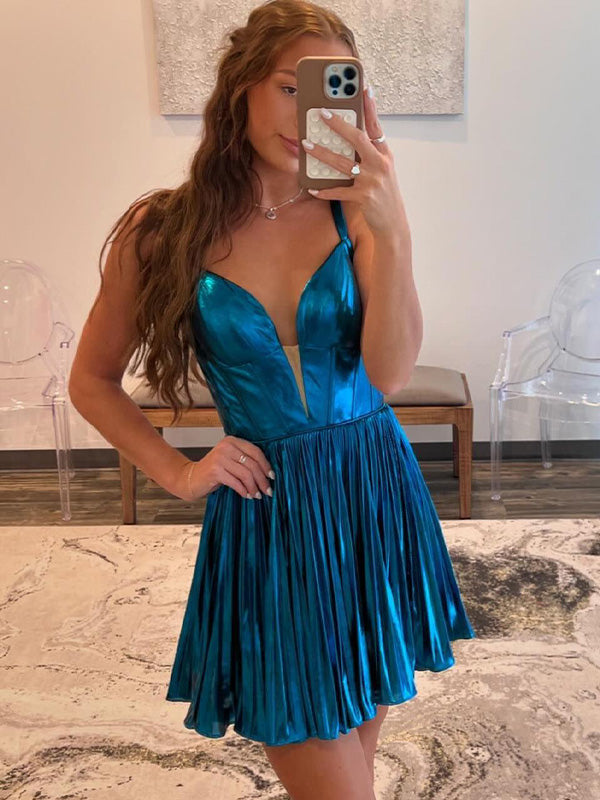 Blue A-Line Metallic Pleated Short Homecoming Dress